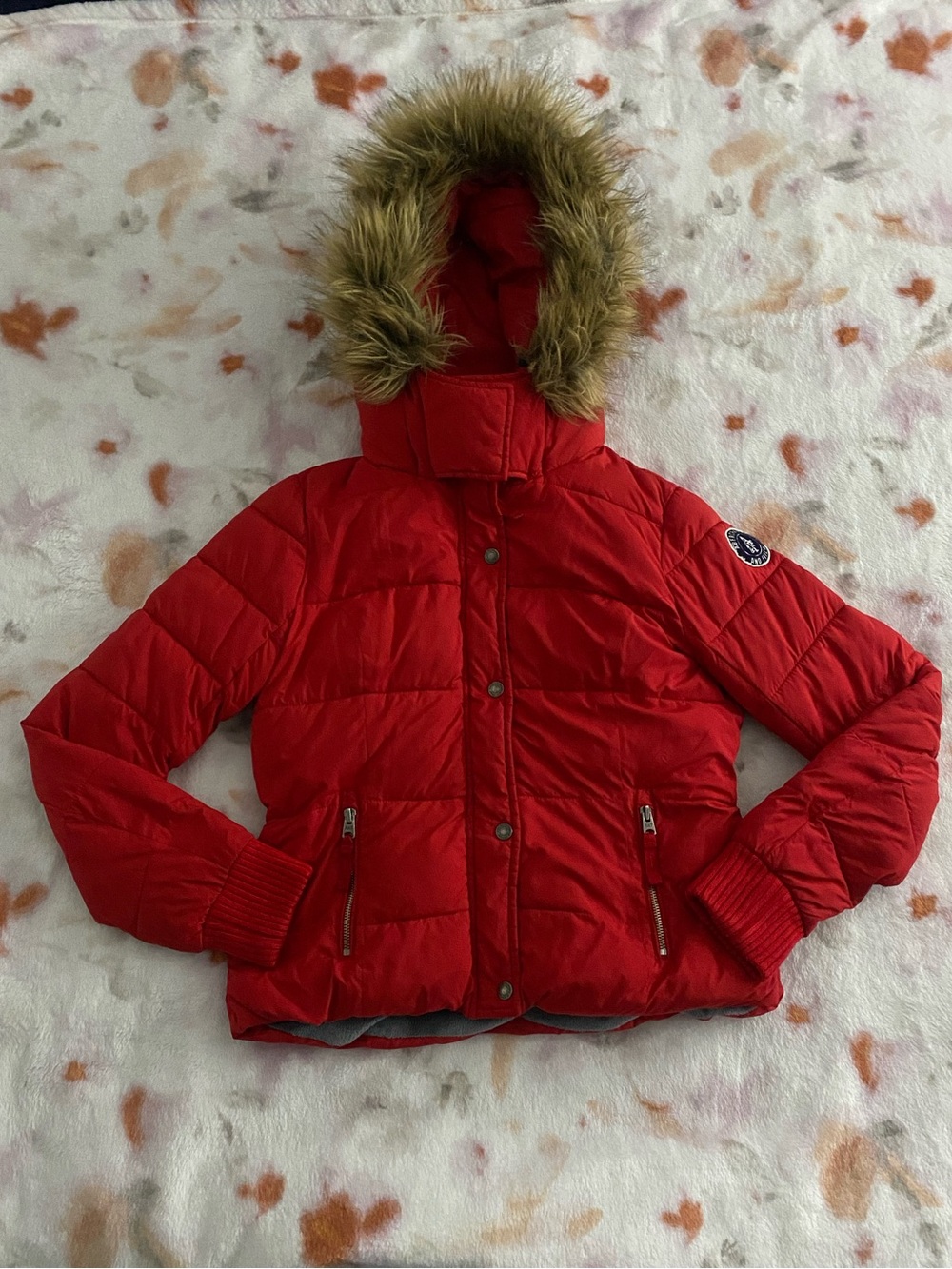 Abercrombie & Fitch Red Quilted Jacket with detachable fur hood.